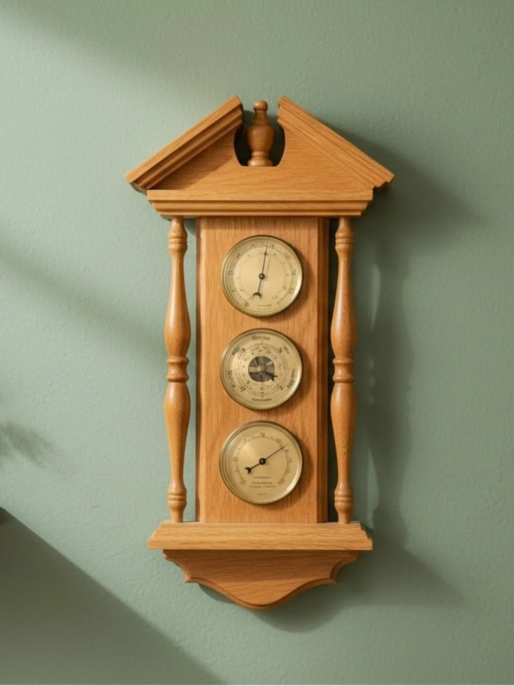 Vintage Solid Oak Handmade Wall Weather Station Thermometer Barometer Hygrometer